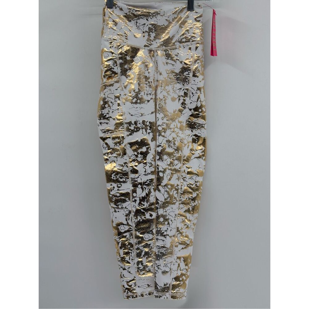 Lilly Pulitzer Leggings White Gold Foil Women Size XXS High Rise Gym Active New